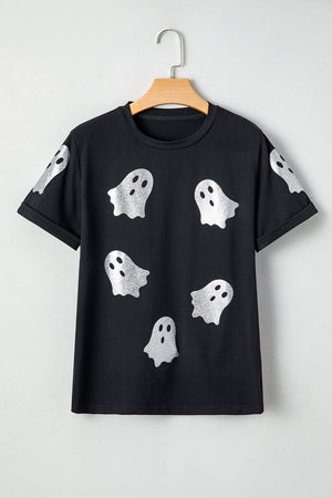 Black Glitter Ghost Pattern Crew Neck Halloween T Shirt — view 9