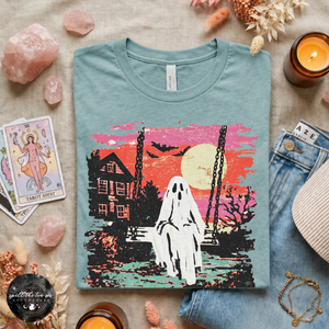 Ghost Sunset Tee | Retro Halloween Ghost Graphic T-Shirt — view 1