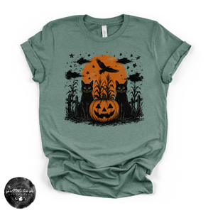 Black Cats & Jack O'Lanterns Tee | Vintage Halloween Graphic T-Shirt — view 2