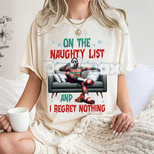 "On The Naughty List And I Regret Nothing" Christmas Shirt - Christmas Halloween Characters Tee, Team Naughty — view 2