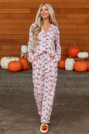 Pink Halloween Eve Haunted Honey Bat Print Pajama Set — view 8