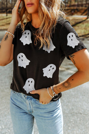 Black Glitter Ghost Pattern Crew Neck Halloween T Shirt — view 4