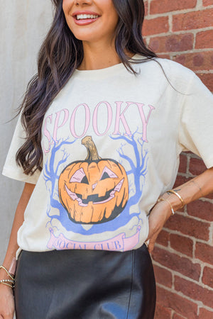 White SPOOKY Pumpkin Print Round Neck Halloween T Shirt — view 1