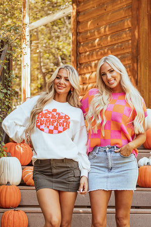 White Terry Halloween Pumpkin Patched Pattern Pullover Sweatshirt — view 13