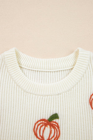 Halloween Pumpkin Embroidered Ribbed Thanksgiving Holiday Sweater — view 4