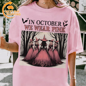 "In October We Wear Pink" Horror T-Shirt - Halloween Breast Cancer Awareness Tee, Cancer Survivor Support Squad Shirt — view 7