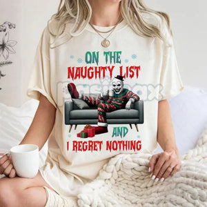"On The Naughty List And I Regret Nothing" Christmas Shirt - Christmas Halloween Characters Tee, Team Naughty — view 3