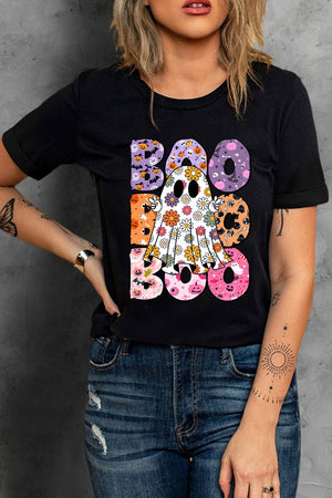 Black BOO Floral Ghost Print Crew Neck Halloween T Shirt — view 4