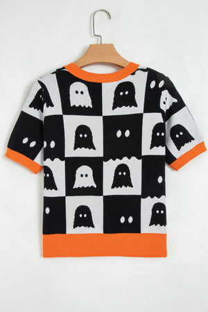 Halloween Ghost Checker Short Sleeve Knit Top — view 3