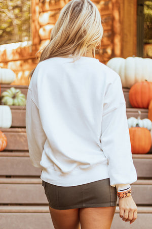 White Terry Halloween Pumpkin Patched Pattern Pullover Sweatshirt — view 6