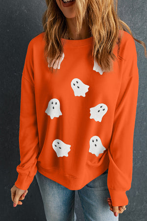 Orange Sequin Halloween Ghost Patched Drop Shoulder Sweatshirt — view 2