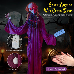 6 Feet Halloween Animatronic Standing Girl Holding Book with Sound-Activated Light-up Eyes and Moving Arms & Head — view 8
