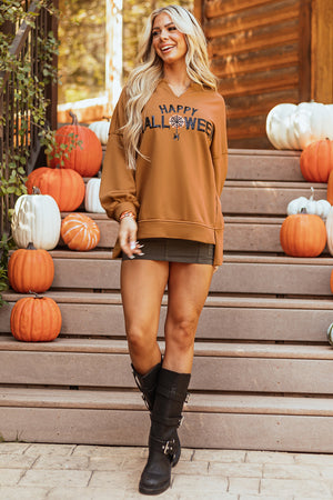 Chestnut Sequin Happy Halloween Graphic Notched Neck Long Sleeve Loose Top — view 5