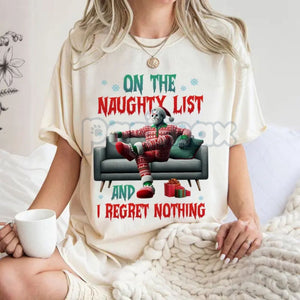 "On The Naughty List And I Regret Nothing" Christmas Shirt - Christmas Halloween Characters Tee, Team Naughty — view 4