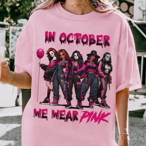 "In October We Wear Pink" Horror T-Shirt - Halloween Breast Cancer Awareness Tee, Cancer Survivor Support Squad Shirt — view 8