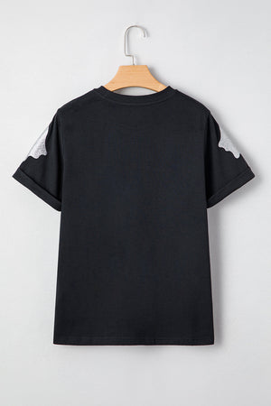 Black Glitter Ghost Pattern Crew Neck Halloween T Shirt — view 10