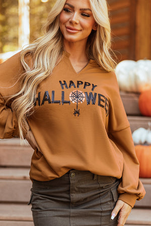 Chestnut Sequin Happy Halloween Graphic Notched Neck Long Sleeve Loose Top — view 3