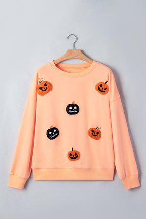 Halloween Embroidered Jack-O-Lantern Drop Shoulder Sweatshirt — view 2