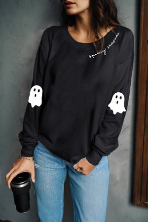 Black Spooky Season Halloween Ghost Printed Drop Shoulder Sweatshirt — view 3