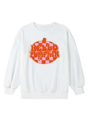 White Terry Halloween Pumpkin Patched Pattern Pullover Sweatshirt — view 24