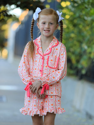 Halloween Thanksgiving Pumpkin Bow Girls Pajama Set — view 1