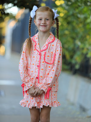 Halloween Thanksgiving Pumpkin Bow Girls Pajama Set — view 2