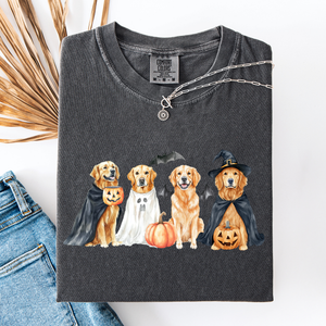 Adorable Halloween Dogs And Bats Pumpkins Spooky Witch Scene Cozy Comfort Colors Tee — view 3