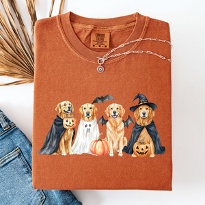 Adorable Halloween Dogs And Bats Pumpkins Spooky Witch Scene Cozy Comfort Colors Tee — view 1