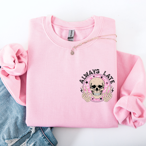 Always Late Skeleton Mood Vibe With A Playful Halloween Spirit And Cozy Pocket Detail Pocket Sweatshirt — view 1