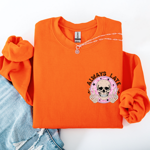 Always Late Skeleton Mood Vibe With A Playful Halloween Spirit And Cozy Pocket Detail Pocket Sweatshirt — view 4