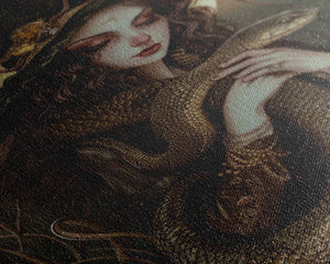 Witch Holding Snake under Full Moon - Dark Forest Sorcery Gothic Art Framed Canvas Print, Halloween Witchy Decor — view 8