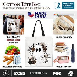 Floral Ghost Tote Bag, Neutral Boho Halloween Spider Web Gift Shopper — view 2