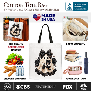 Gothic Ghost with Black Cat Tote Bag, Black Rose Coquette Halloween Gift Shopper — view 2