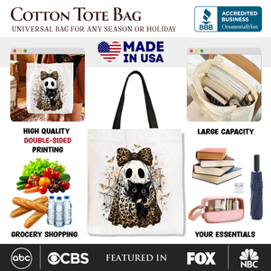 Leopard Bow Ghost with Black Cat Tote Bag, Spooky Halloween Spider Web Gift Shopper — view 2
