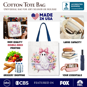 Pink Bow Bathtub Ghost Tote Bag, Floral Coquette Halloween Gift Shopper — view 2