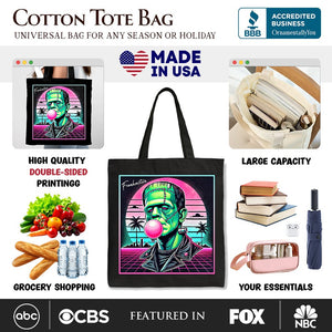 Vaperwave Frankenstein Retro Neon Horror Canvas Tote Bag, Synthwave 80's Styled Classic Halloween Gift — view 3