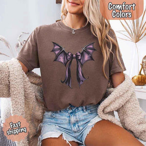 Bat Bow Comfort Colors Shirt – Trendy Halloween Tee — view 3