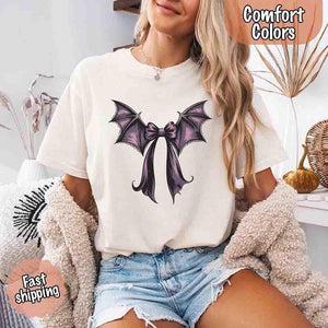 Bat Bow Comfort Colors Shirt – Trendy Halloween Tee — view 1