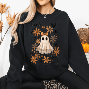 Beautiful Halloween, Bows, Bats, Flowers Boho Vintage Cozy Autumn Graphic Sweatshirt — view 9
