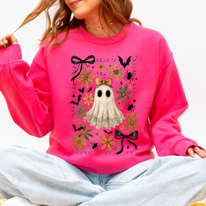 Beautiful Halloween, Bows, Bats, Flowers Boho Vintage Cozy Autumn Graphic Sweatshirt — view 4