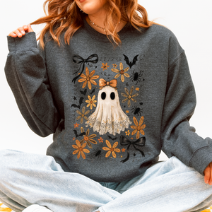 Beautiful Halloween, Bows, Bats, Flowers Boho Vintage Cozy Autumn Graphic Sweatshirt — view 5