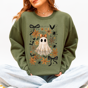 Beautiful Halloween, Bows, Bats, Flowers Boho Vintage Cozy Autumn Graphic Sweatshirt — view 2