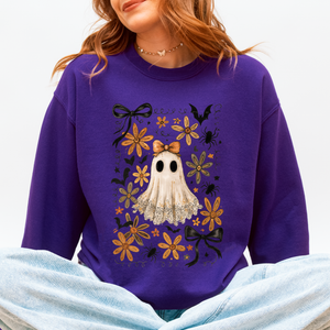 Beautiful Halloween, Bows, Bats, Flowers Boho Vintage Cozy Autumn Graphic Sweatshirt — view 10