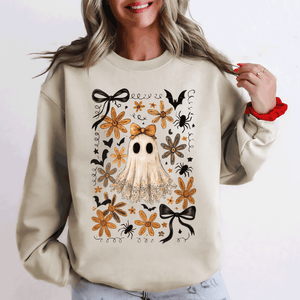 Beautiful Halloween, Bows, Bats, Flowers Boho Vintage Cozy Autumn Graphic Sweatshirt — view 1