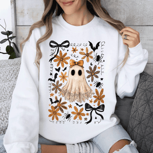 Beautiful Halloween, Bows, Bats, Flowers Boho Vintage Cozy Autumn Graphic Sweatshirt — view 8