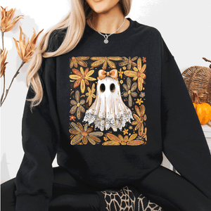 Beautiful Halloween Flowers Coquette Ghost Cozy Night Garden Illustration Sweatshirt — view 1