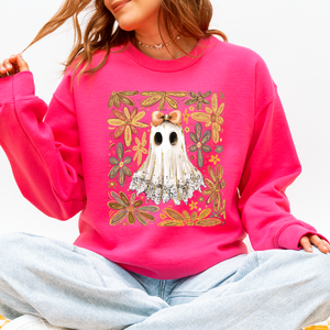 Beautiful Halloween Flowers Coquette Ghost Cozy Night Garden Illustration Sweatshirt — view 8