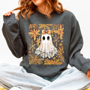 Beautiful Halloween Flowers Coquette Ghost Cozy Night Garden Illustration Sweatshirt — view 2