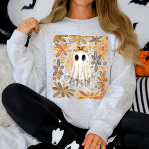 Beautiful Halloween Flowers Coquette Ghost Cozy Night Garden Illustration Sweatshirt — view 4