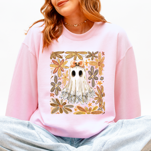 Beautiful Halloween Flowers Coquette Ghost Cozy Night Garden Illustration Sweatshirt — view 5